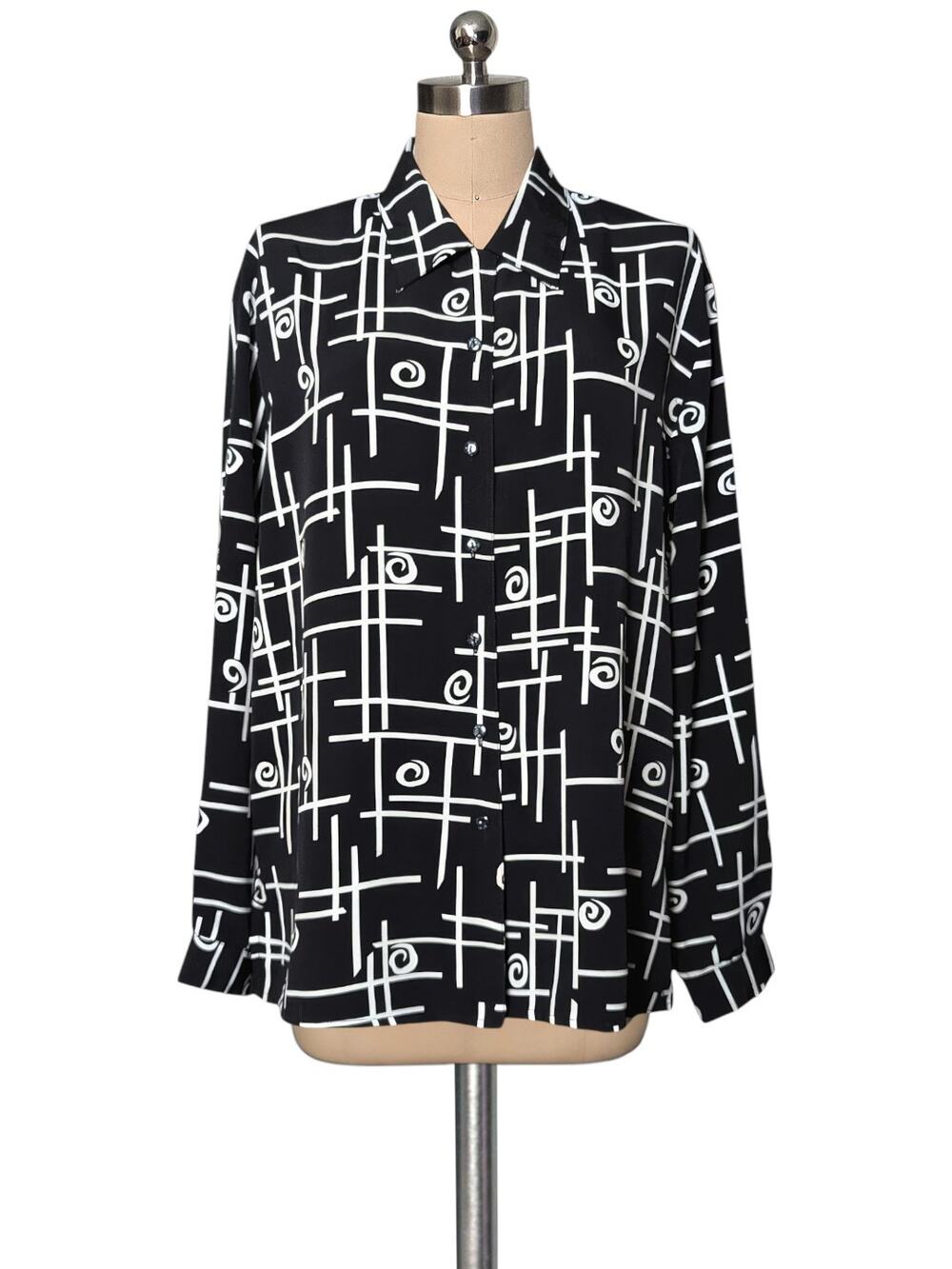 CLAUDIA RICHARD Fun Black White Print Button Up Shirt Top Blouse 18